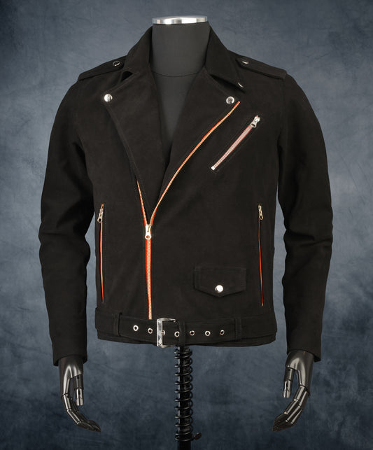 Chaqueta de Cuero Gamuza Becerro Negro Cinta Naranja Bison