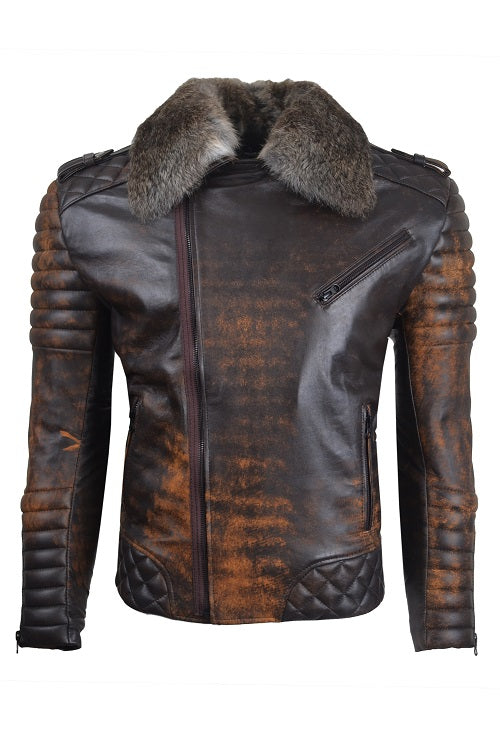 Chaqueta de Cuero Envejecido Negro Base Amarillo LCHL38 con Peluche