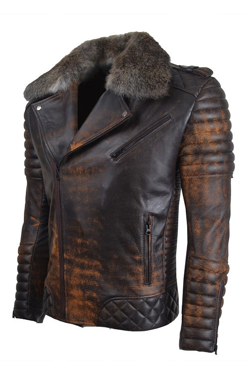 Chaqueta de Cuero Envejecido Negro Base Amarillo LCHL38 con Peluche