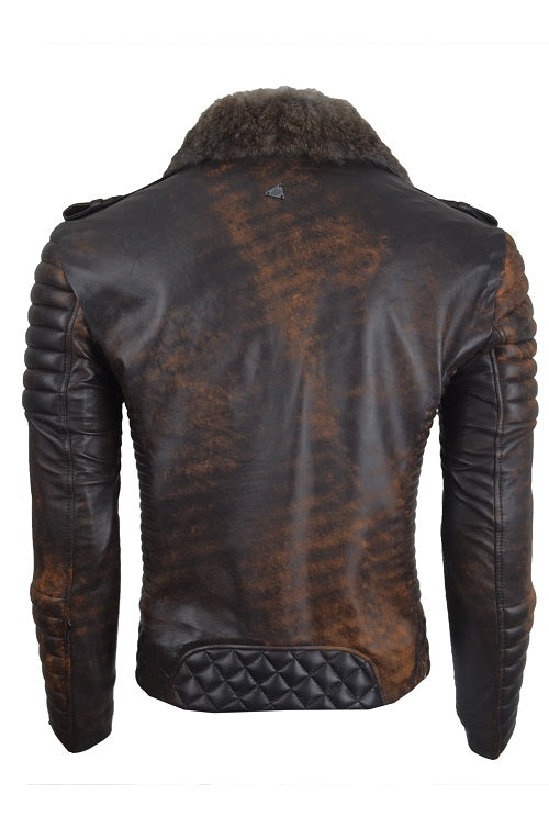 Chaqueta de Cuero Envejecido Negro Base Amarillo LCHL38 con Peluche