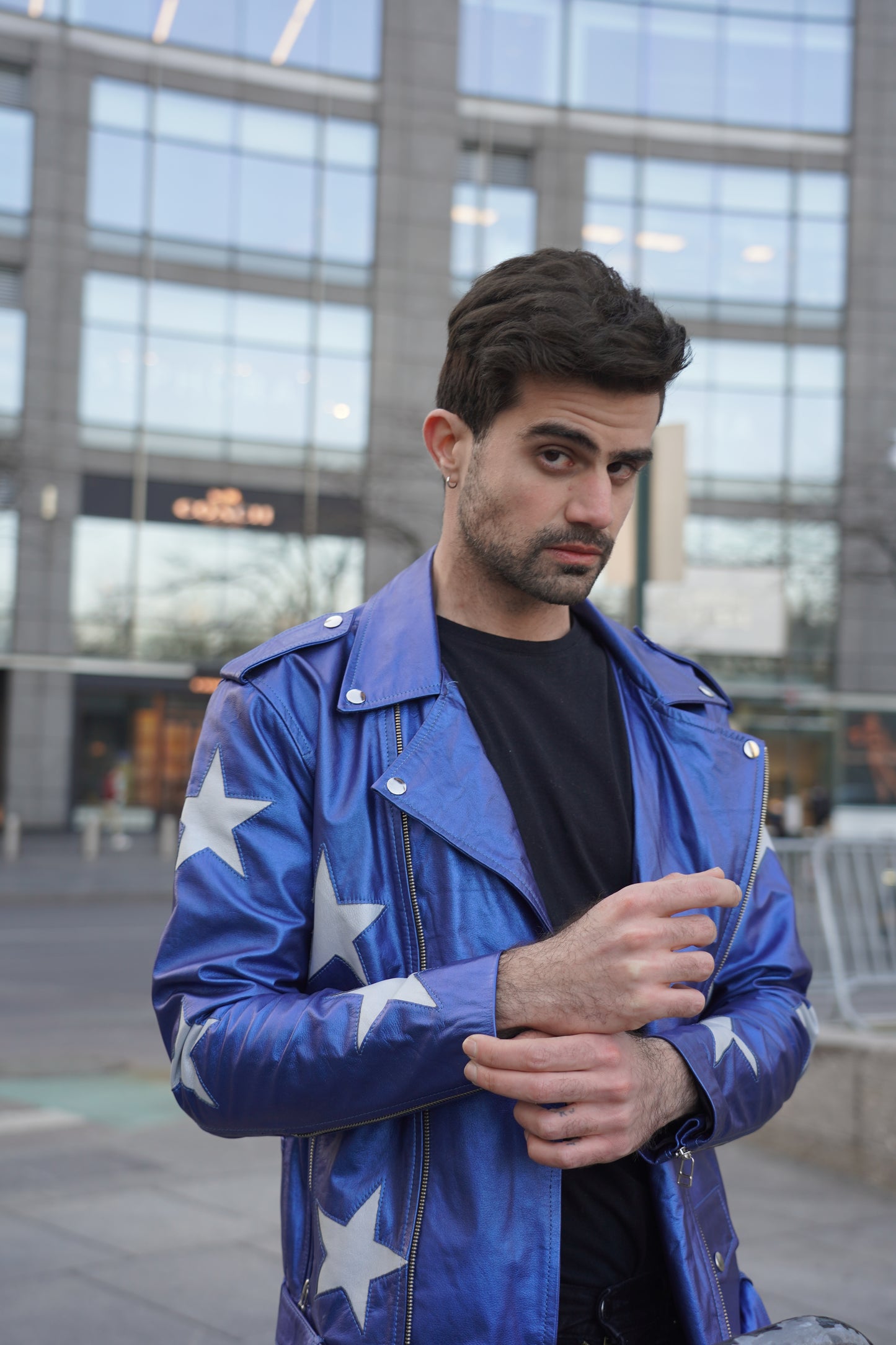 Chaqueta de Cuero Azul Metalizado Estrellas Bison