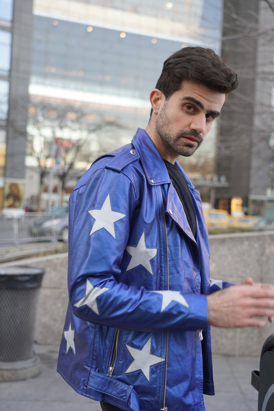 Chaqueta de Cuero Azul Metalizado Estrellas  Bison
