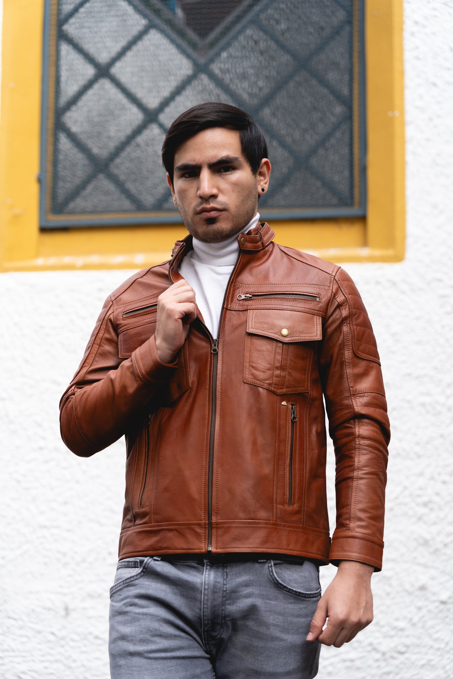 Chaqueta de Cuero Miel Contrastado Mayor