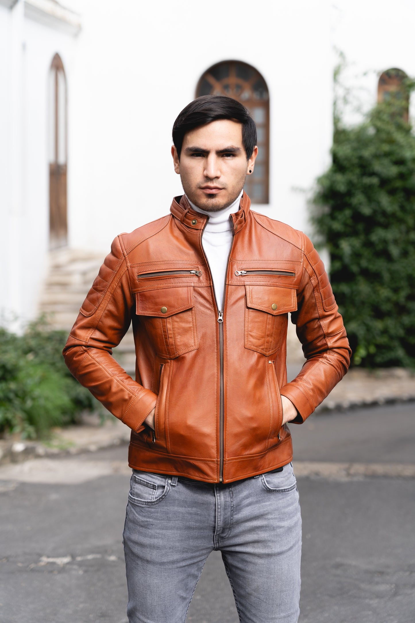 Chaqueta de Cuero Miel Contrastado Mayor