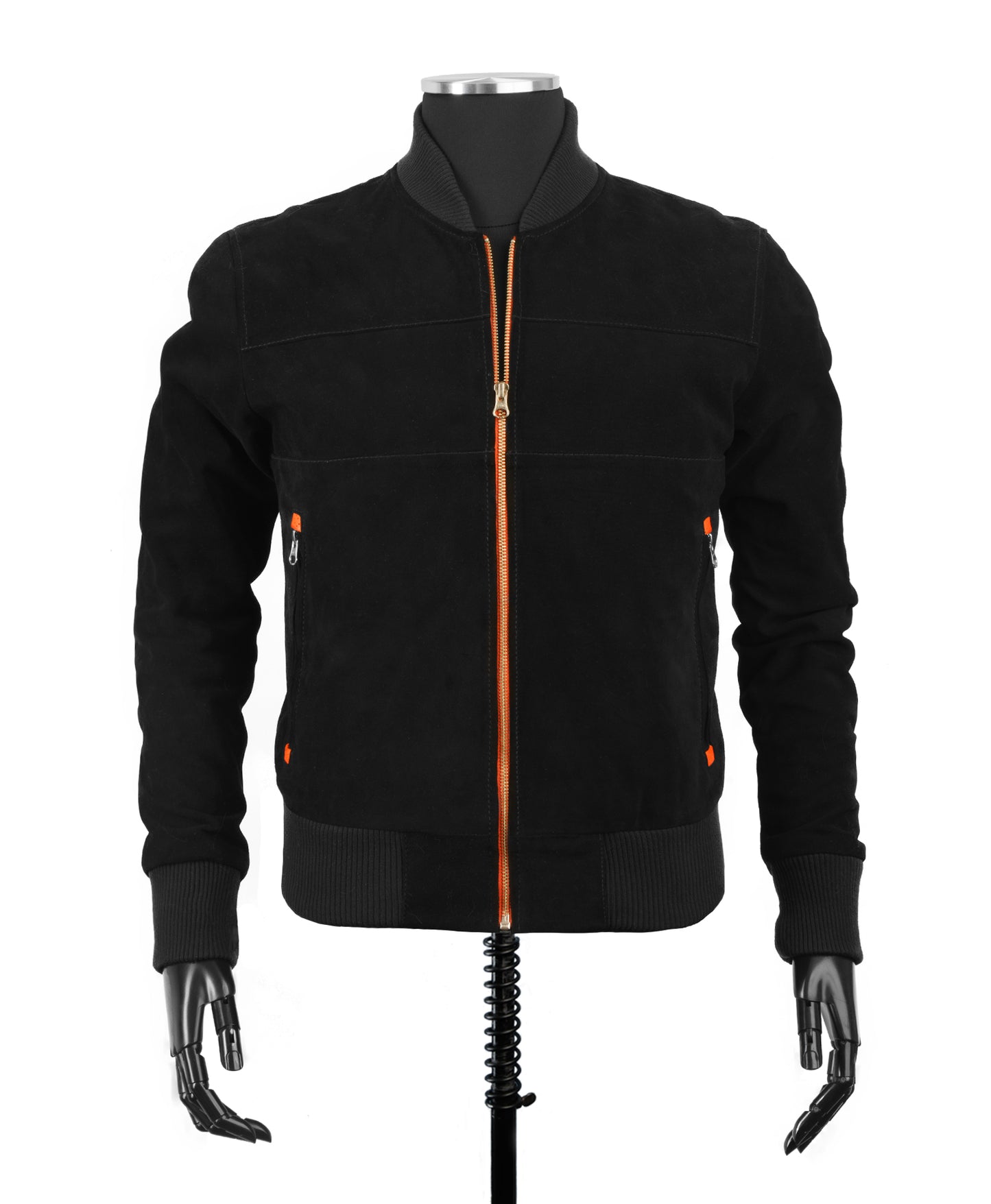 Chaqueta en Cuero Gamuza Negro Cremallera Naranja