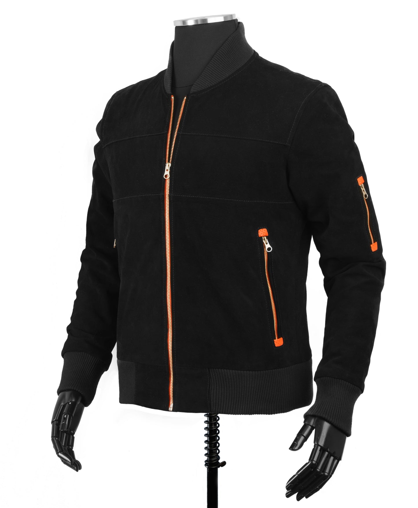 Chaqueta en Cuero Gamuza Negro Cremallera Naranja