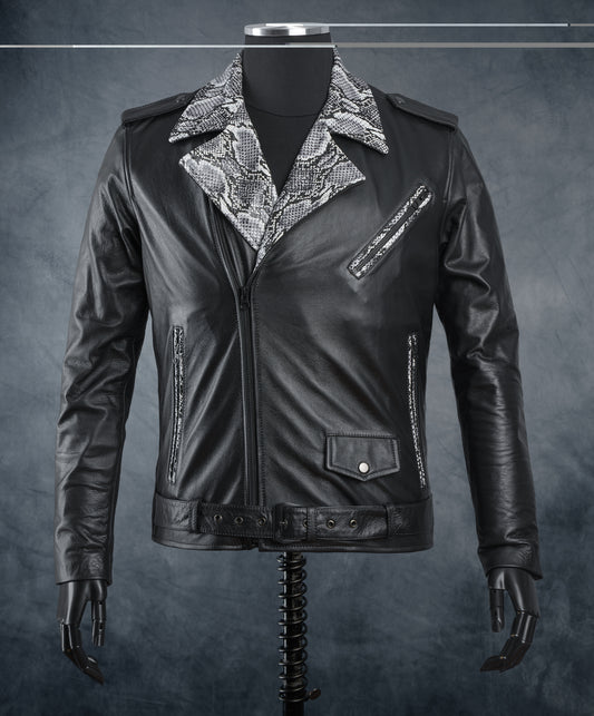 Chaqueta de Cuero Negro Solapa Folia Bison