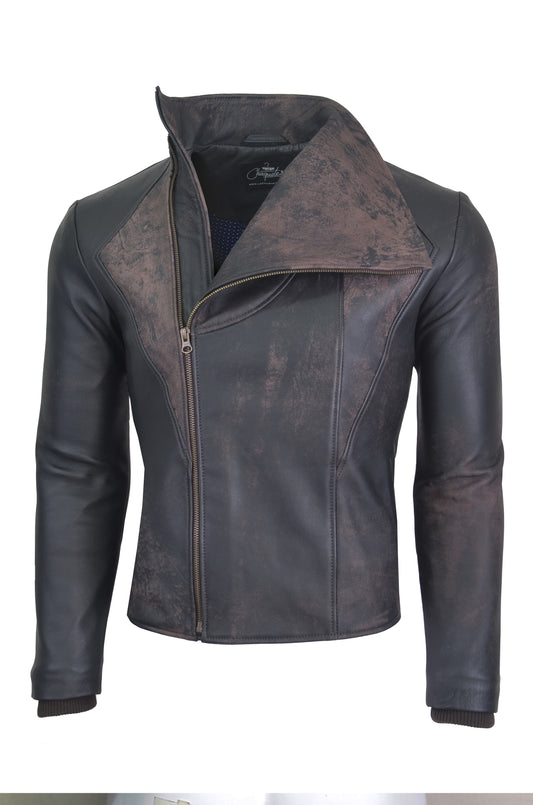 Chaqueta de Cuero Con Proceso De Envejecido Marron LCHL22