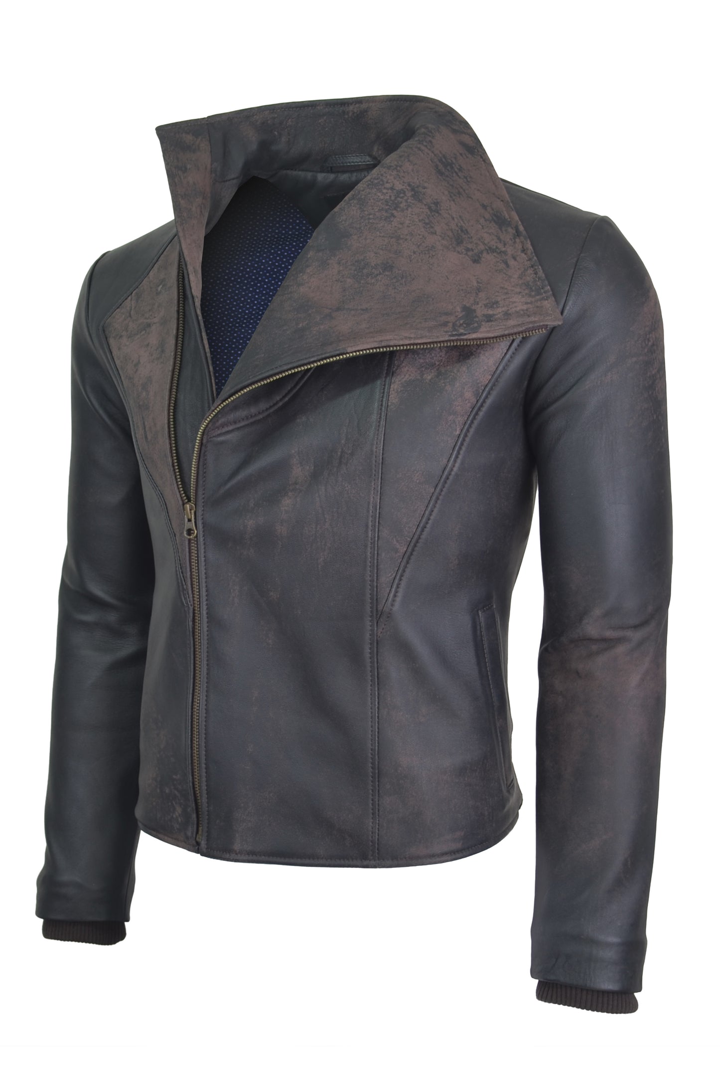 Chaqueta de Cuero Con Proceso De Envejecido Marron LCHL22