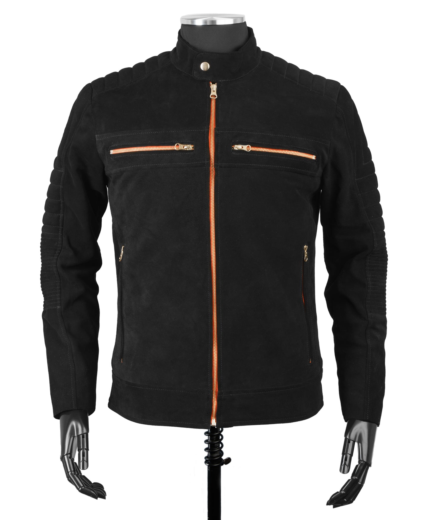 Chaqueta en Cuero Gamuza Negro Cinta Naranja LCHL28