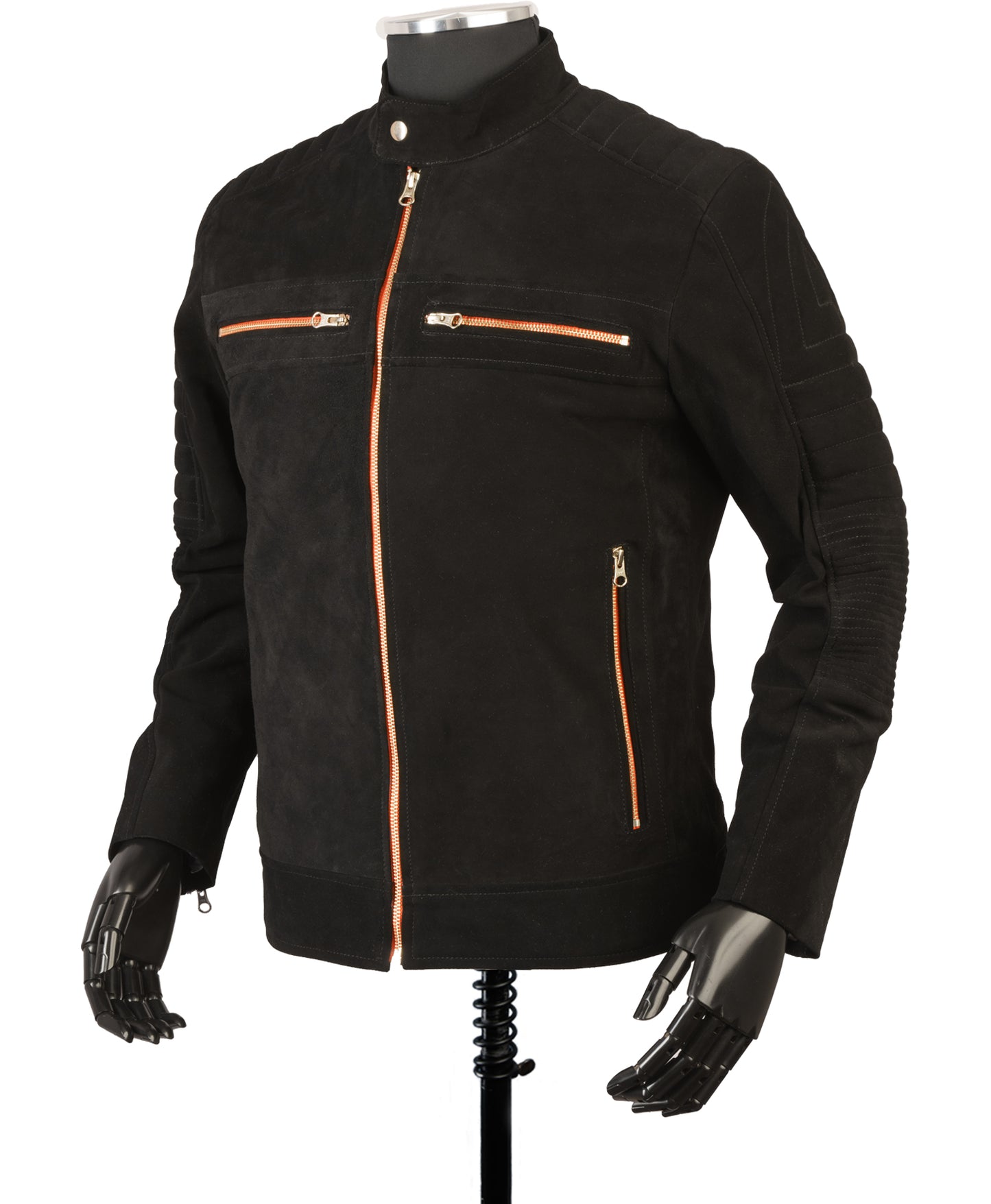 Chaqueta en Cuero Gamuza Negro Cinta Naranja LCHL28