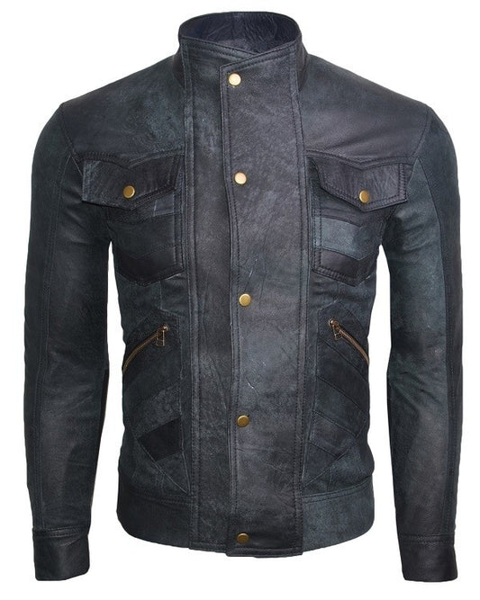 Chaqueta de Cuero Envejecido Raspado Azul LCHL30