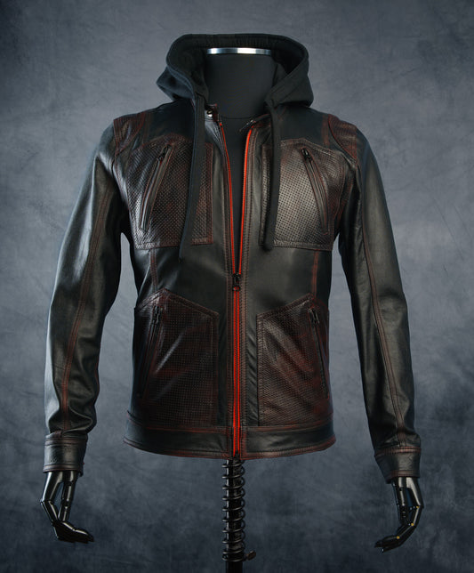 Chaqueta de Cuero Envejecido Negro Base Rojo LCHL94