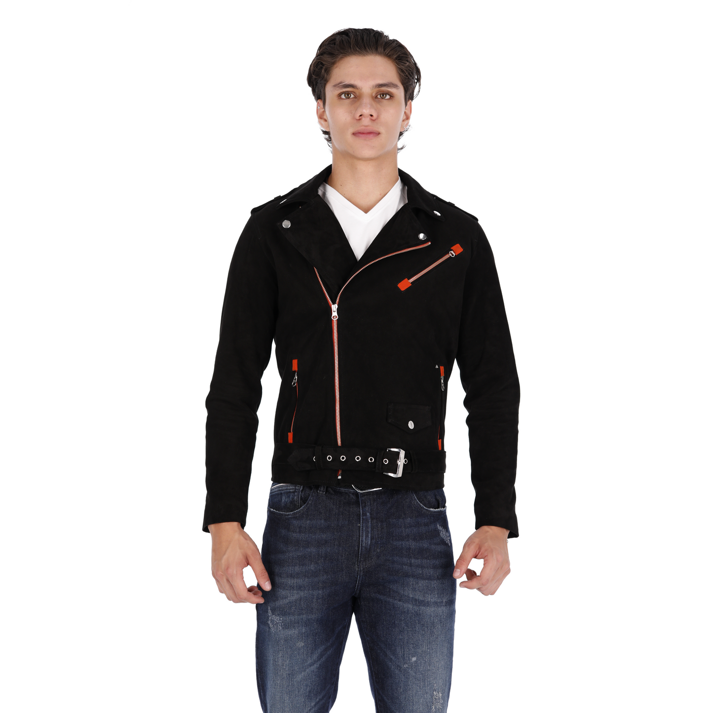 Chaqueta en Cuero Gamuza Becerro Negro Cinta Naranja Bison