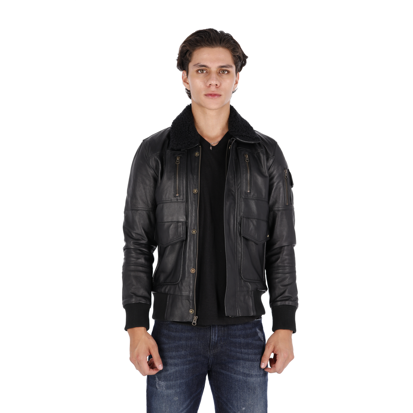 Chaqueta en Cuero Negro Tipo Piloto LCHL95 Marca La Chaqueteria