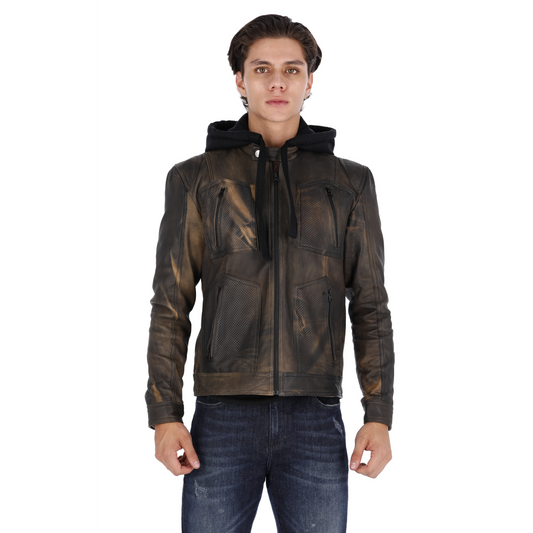 Chaqueta de Cuero Envejecido Negro Base Verde LCHL94 Marca La Chaqueteria