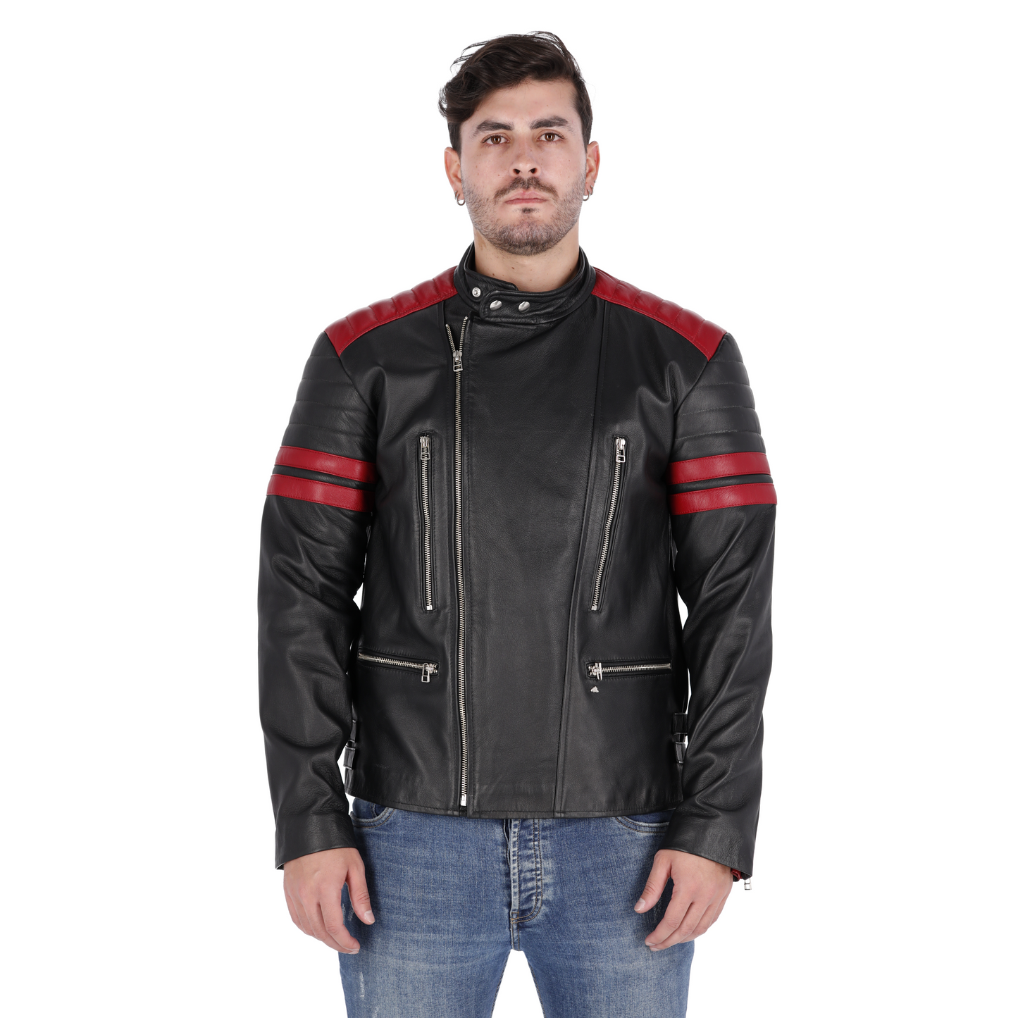 Chaqueta en Cuero Negro Rojo Voker