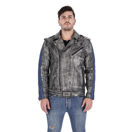 Chaqueta de Cuero Negro Base Blanco Con Lineas Azules Bison