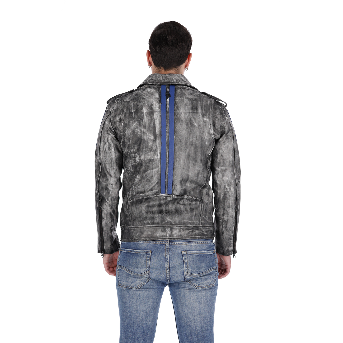 Chaqueta en Cuero Negro Base Blanco Con Lineas Azules Bison