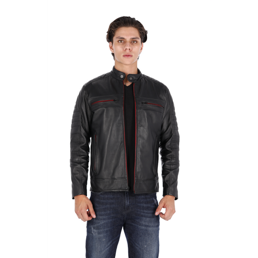 Chaqueta de Cuero Negro Cinta Roja LCHL28 Marca La Chaqueteria