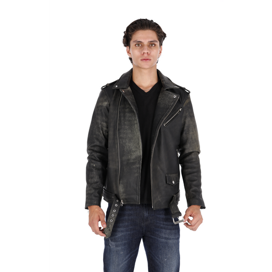 Chaqueta de Cuero Envejecido Negro Base Verde Bison