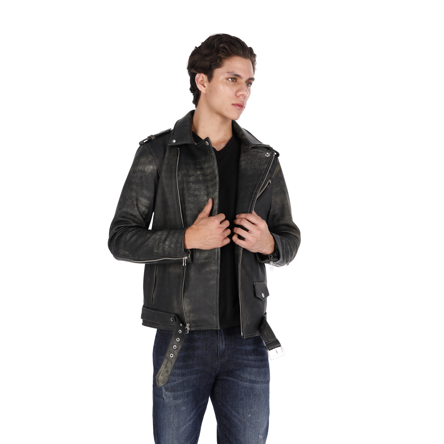 Chaqueta en Cuero Envejecido Negro Base Verde Bison