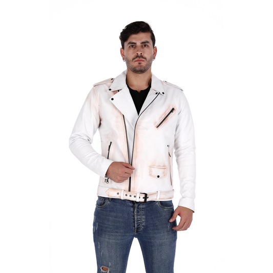 Chaqueta de Cuero Blanco Base Rosa Bison