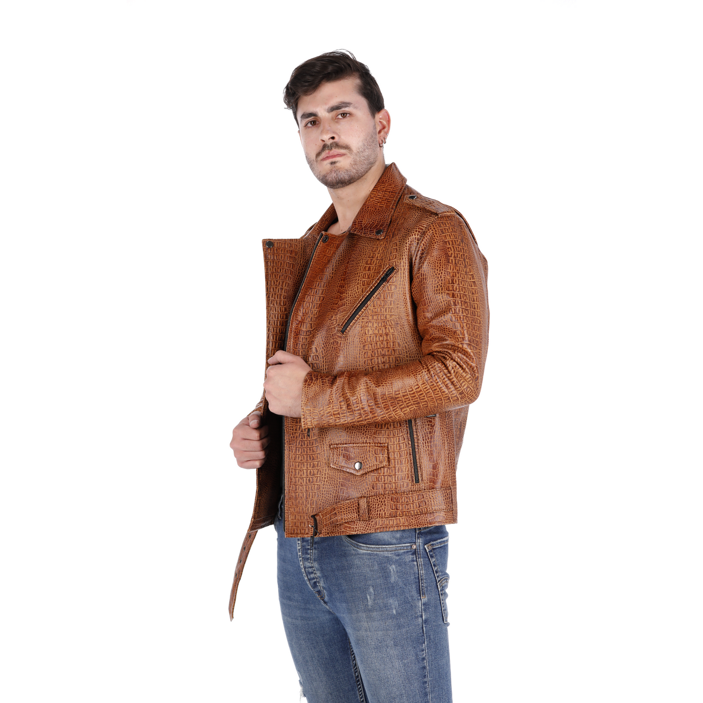 Chaqueta de Cuero Folia Cocodrilo Miel Bison