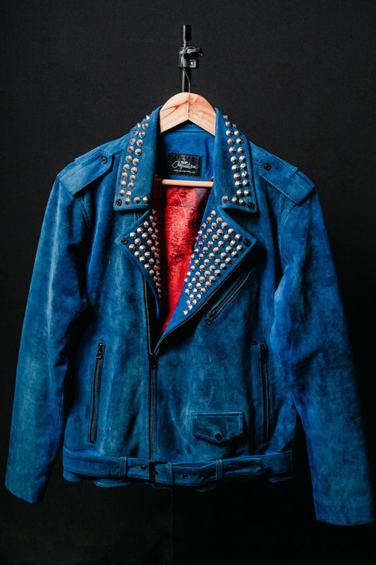 Chaqueta de Cuero Gamuza  Azul Edicion Especial con Taches Bison