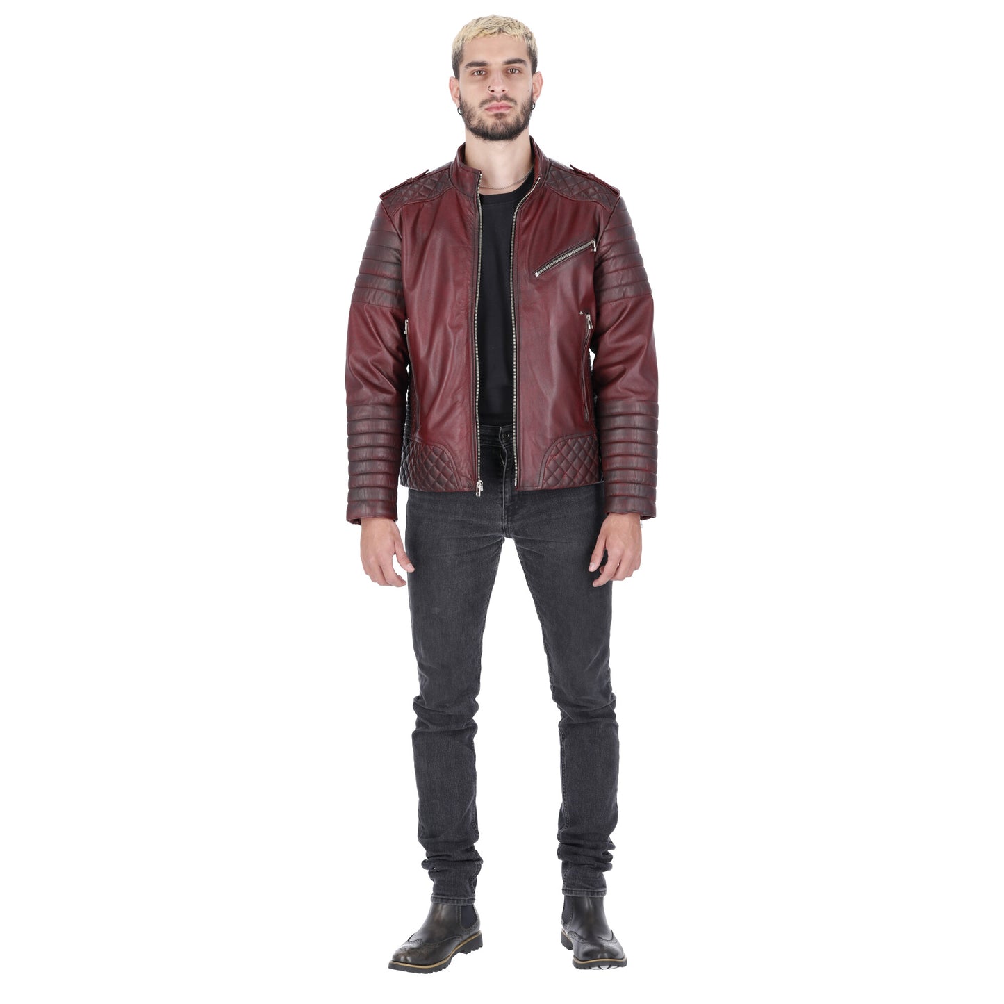 Chaqueta en Cuero Vinotinto Contrastado Orli