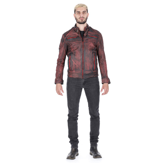 Chaqueta de Cuero Envejecido Negro Base Rojo Minor