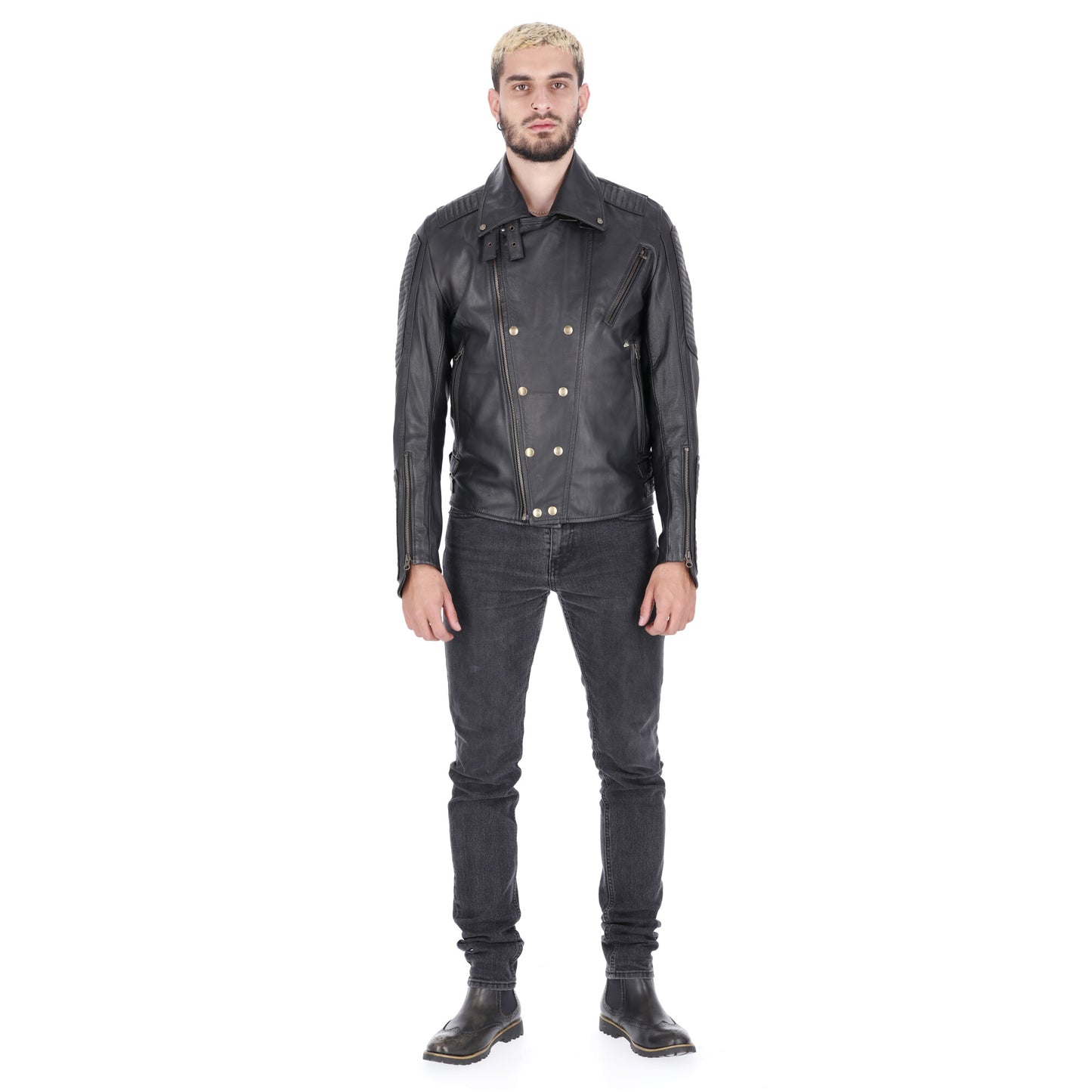Chaqueta en Cuero Negro Base Beige Dragon