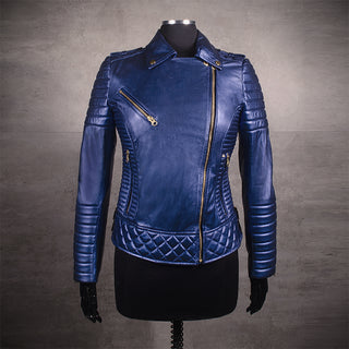 Chaqueta de Cuero Azul Metalizado Nina Marca la Chaqueteria
