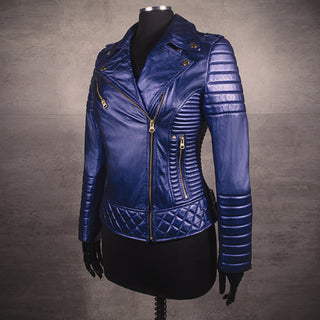 Chaqueta de Cuero Azul Metalizado Nina Marca la Chaqueteria