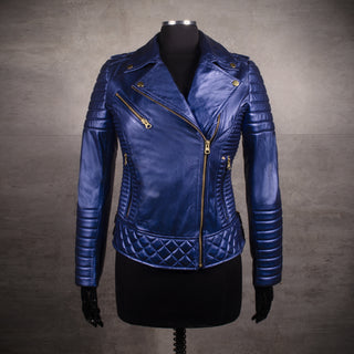 Chaqueta de Cuero Azul Metalizado Nina Marca la Chaqueteria
