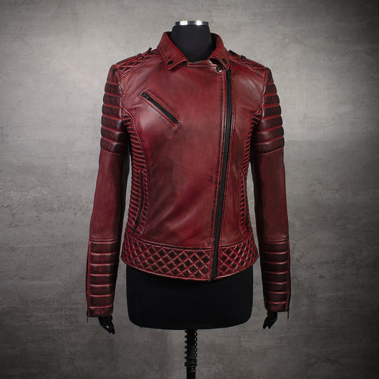 Chaqueta de Cuero Becerro Italiano Envejecido Vinotinto Nina Marca la Chaqueteria