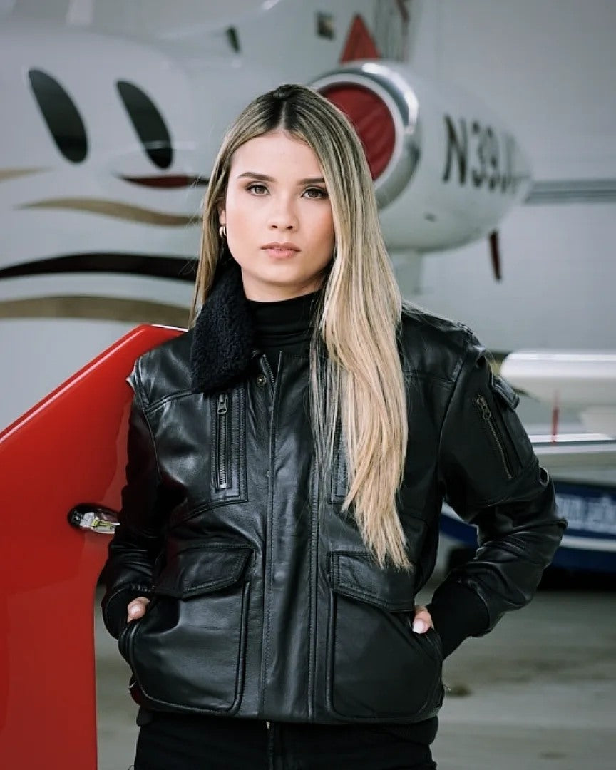 Chaqueta en Cuero Negro Tipo Piloto W95