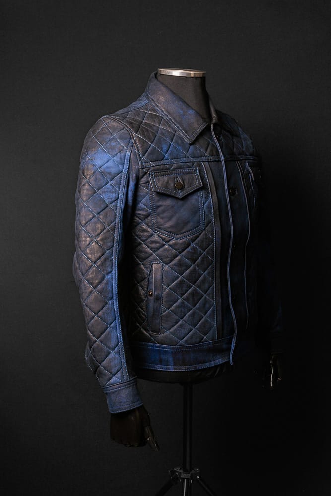 Chaqueta de Cuero Envejecido Negro Base Azul Raku