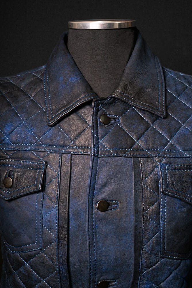 Chaqueta de Cuero Envejecido Negro Base Azul Raku
