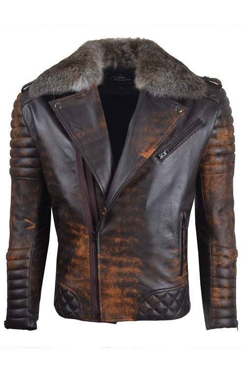 Chaqueta de Cuero Envejecido Negro Base Amarillo LCHL38 con Peluche