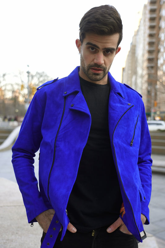 Chaqueta en Cuero Gamuza Azul Eléctrico Bison