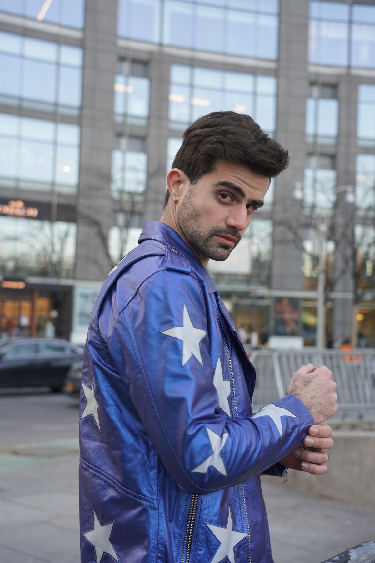 Chaqueta de Cuero Azul Metalizado Estrellas  Bison