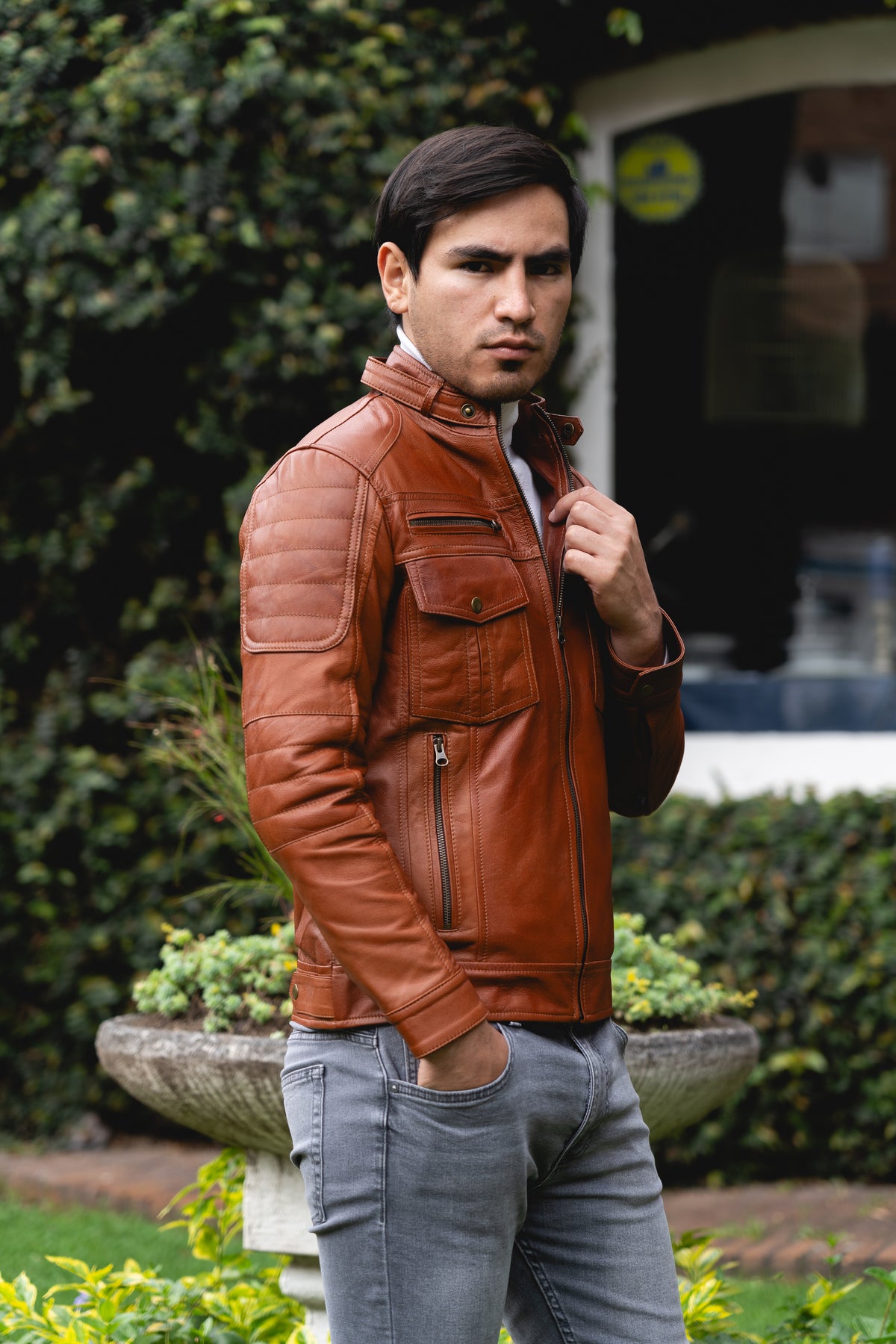 Chaqueta de Cuero Miel Contrastado Mayor