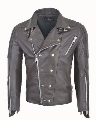 Chaqueta de Cuero Cafe  Cremallera Aluminio #10 Dragon