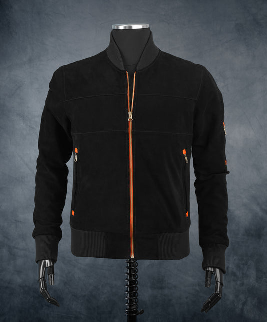 Chaqueta en Cuero Gamuza Negro Cremallera Naranja