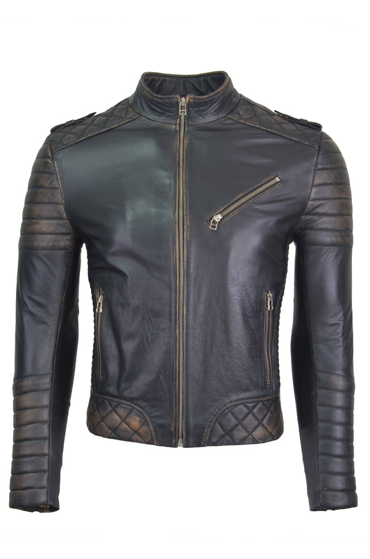 Chaqueta en Cuero Negro Base Beige Orli