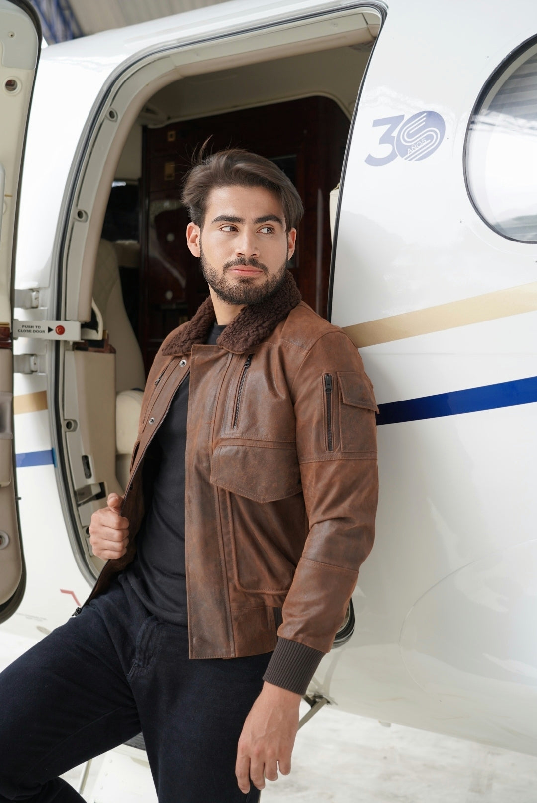 Chaqueta de Cuero Craquelado Café Tipo Piloto LCHL95