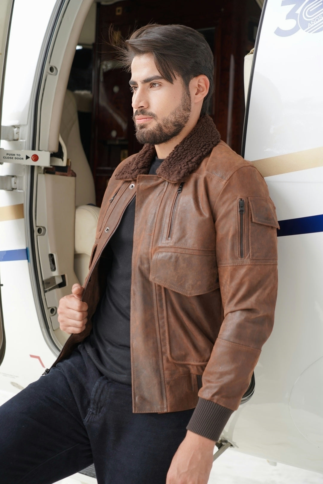 Chaqueta de Cuero Craquelado Café Tipo Piloto LCHL95