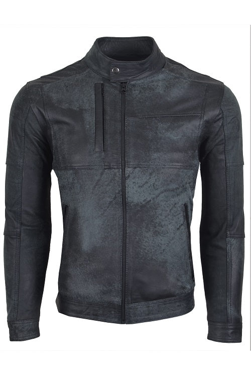 Chaqueta de Cuero Envejecido Raspado Azul LCHL16