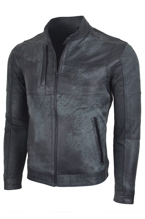 Chaqueta de Cuero Envejecido Raspado Azul LCHL16